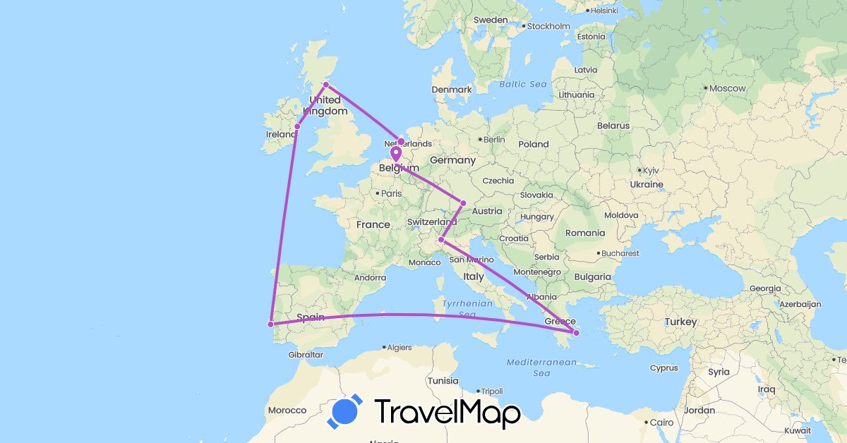TravelMap itinerary: driving, train in Belgium, Germany, United Kingdom, Greece, Ireland, Italy, Netherlands, Portugal (Europe)