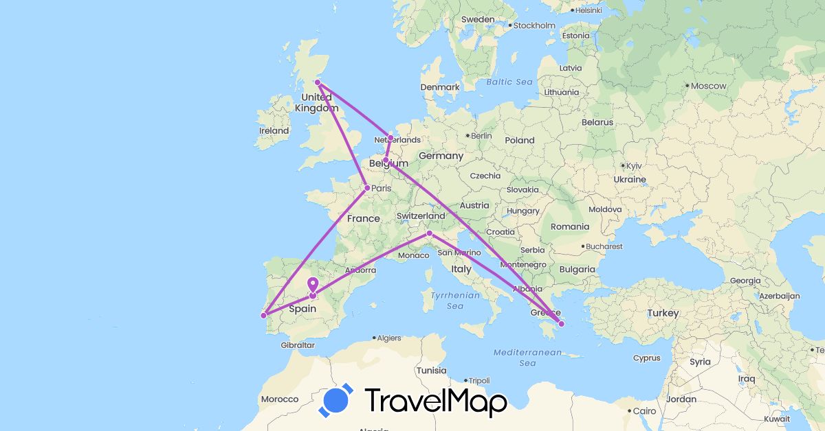 TravelMap itinerary: driving, train in Belgium, Spain, France, United Kingdom, Greece, Italy, Netherlands, Portugal (Europe)