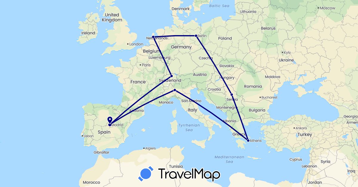 TravelMap itinerary: driving in Switzerland, Germany, Spain, Greece, Italy, Netherlands, Serbia (Europe)